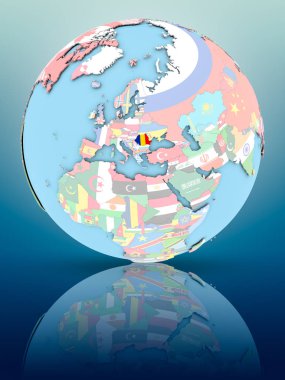 Yansıtıcı yüzeyi ülke bayrakları ile Romanya siyasi dünya üzerinde. 3D çizim.