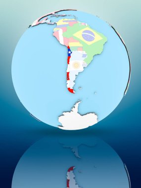 Yansıtıcı yüzeyi ülke bayrakları ile Şili siyasi dünya üzerinde. 3D çizim.