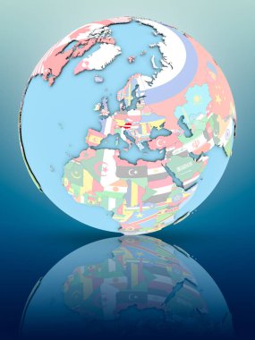 Yansıtıcı yüzeyi ülke bayrakları ile Avusturya siyasi dünya üzerinde. 3D çizim.