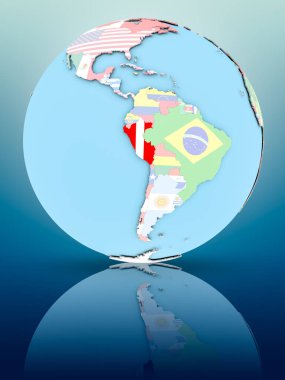 Yansıtıcı yüzeyi ülke bayrakları ile Peru siyasi dünya üzerinde. 3D çizim.