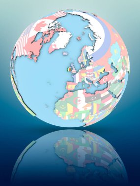 Yansıtıcı yüzeyi ülke bayrakları ile İrlanda'da siyasi dünya. 3D çizim.