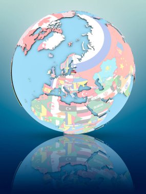 Yansıtıcı yüzeyi ülke bayrakları ile Letonya siyasi dünya üzerinde. 3D çizim.