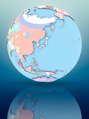 Üzerinde siyasi dünya Ulusal bayrakları yansıtıcı yüzeyi ile Japonya. 3D çizim.