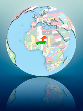 Yansıtıcı yüzeyi ülke bayrakları ile Nijer siyasi dünya üzerinde. 3D çizim.