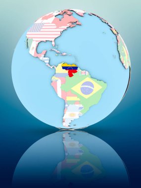 Yansıtıcı yüzeyi ülke bayrakları ile Venezuela siyasi dünya üzerinde. 3D çizim.
