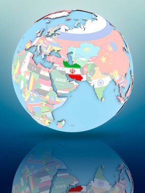 Yansıtıcı yüzeyi ülke bayrakları ile Iran siyasi dünya üzerinde. 3D çizim.