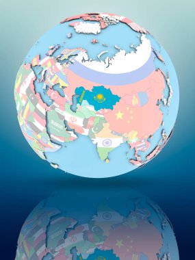 Yansıtıcı yüzeyi ülke bayrakları ile Kazakistan siyasi dünya üzerinde. 3D çizim.