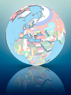 Yansıtıcı yüzeyi ülke bayrakları ile Bulgaristan siyasi dünya üzerinde. 3D çizim.