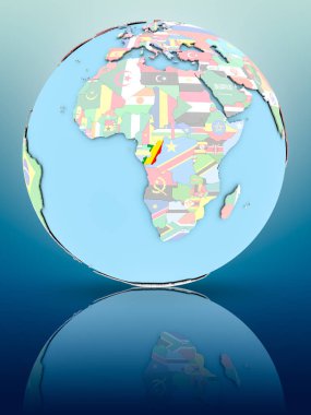 Yansıtıcı yüzeyi ülke bayrakları ile Kongo siyasi dünya üzerinde. 3D çizim.