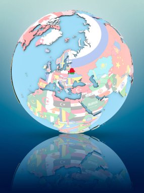 Yansıtıcı yüzeyi ülke bayrakları ile Beyaz Rusya siyasi dünya üzerinde. 3D çizim.