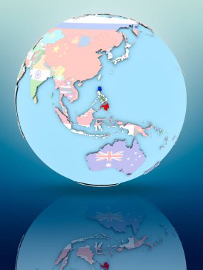Yansıtıcı yüzeyi ülke bayrakları ile Türkiye siyasi dünya üzerinde. 3D çizim.