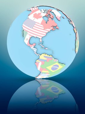 Yansıtıcı yüzeyi ülke bayrakları ile Bahamalar siyasi dünya üzerinde. 3D çizim.