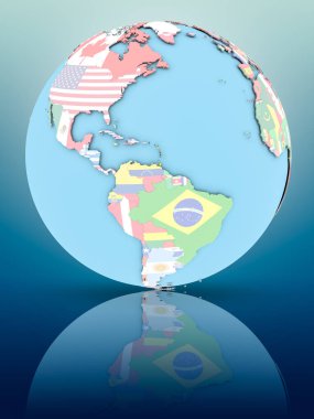 Yansıtıcı yüzeyi ülke bayrakları ile Karayipler siyasi dünya üzerinde. 3D çizim.