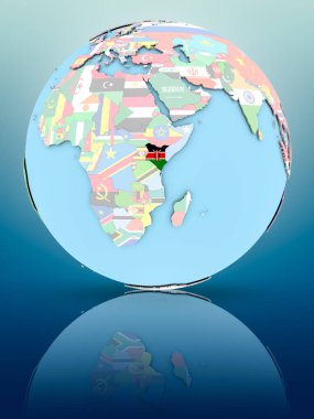 Yansıtıcı yüzeyi ülke bayrakları ile Kenya siyasi dünya üzerinde. 3D çizim.
