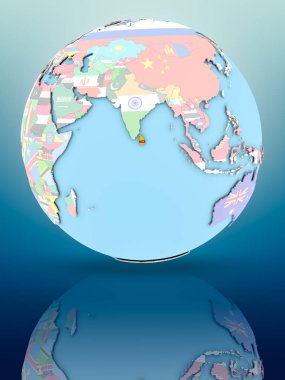 Sri Lanka ülke bayrakları yansıtıcı yüzeyi ile siyasi dünya üzerinde. 3D çizim.