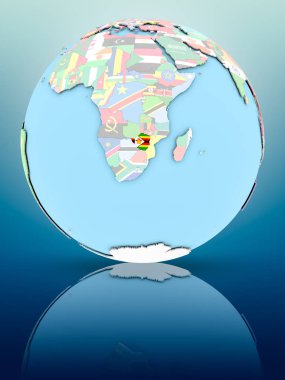 Yansıtıcı yüzeyi ülke bayrakları ile Zimbabve siyasi dünya üzerinde. 3D çizim.