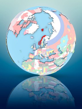 Yansıtıcı yüzeyi ülke bayrakları ile Norveç siyasi dünya üzerinde. 3D çizim.