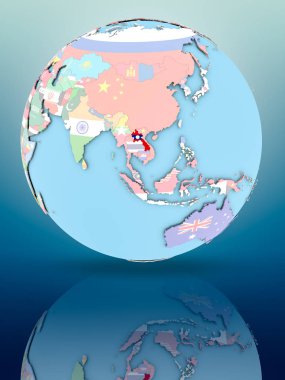 Yansıtıcı yüzeyi ülke bayrakları ile Laos siyasi dünya üzerinde. 3D çizim.