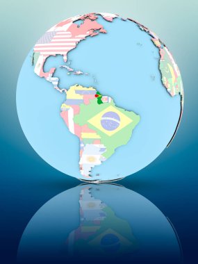Yansıtıcı yüzeyi ülke bayrakları ile Guyana siyasi dünya üzerinde. 3D çizim.