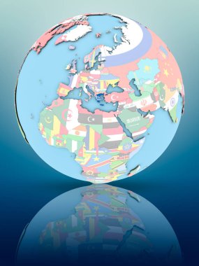 Yansıtıcı yüzeyi ülke bayrakları ile Yunanistan siyasi dünya üzerinde. 3D çizim.