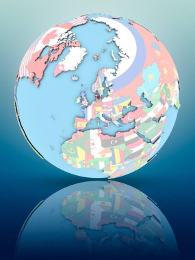 Yansıtıcı yüzeyi ülke bayrakları ile Danimarka siyasi dünya üzerinde. 3D çizim.