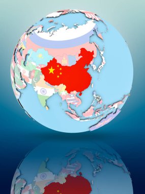 Yansıtıcı yüzeyi ülke bayrakları ile Çin siyasi dünya üzerinde. 3D çizim.