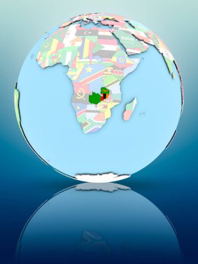 Yansıtıcı yüzeyi ülke bayrakları ile Zambiya siyasi dünya üzerinde. 3D çizim.