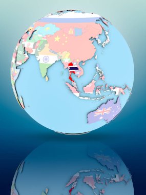 Yansıtıcı yüzeyi ülke bayrakları ile Tayland siyasi dünya üzerinde. 3D çizim.