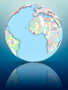 Yansıtıcı yüzeyi ülke bayrakları ile Liberya siyasi dünya üzerinde. 3D çizim.