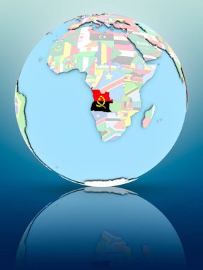 Yansıtıcı yüzeyi ülke bayrakları ile Angola siyasi dünya üzerinde. 3D çizim.