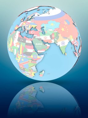 Yansıtıcı yüzeyi ülke bayrakları ile Katar siyasi dünya üzerinde. 3D çizim.