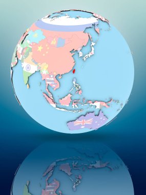 Yansıtıcı yüzeyi ülke bayrakları ile Tayvan siyasi dünya üzerinde. 3D çizim.