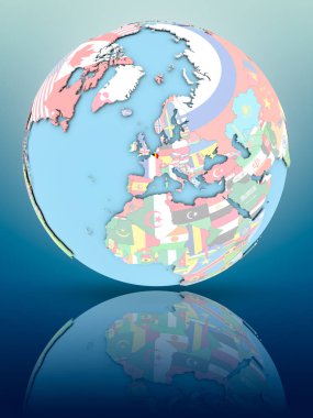 Yansıtıcı yüzeyi ülke bayrakları ile Belçika siyasi dünya üzerinde. 3D çizim.