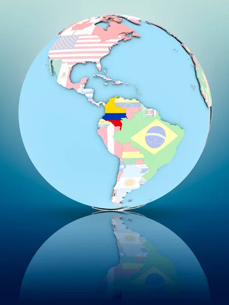 Colombia Politiska Jordglob Med Nationsflaggor Reflekterande Yta Illustration — Stockfoto