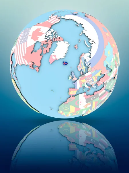 Yansıtıcı yüzeyi ülke bayrakları ile İzlanda siyasi dünya üzerinde. 3D çizim.