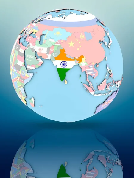 Индия Политическом Глобусе Национальными Флагами Отражающей Поверхности Иллюстрация — стоковое фото