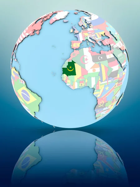 Mauritanië Politieke Wereldbol Met Nationale Vlaggen Reflecterend Oppervlak Illustratie — Stockfoto