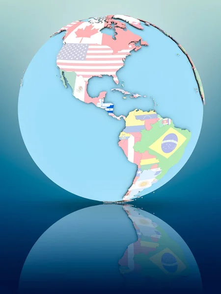 Nicaragua on political globe with national flags on reflective surface. 3D illustration.