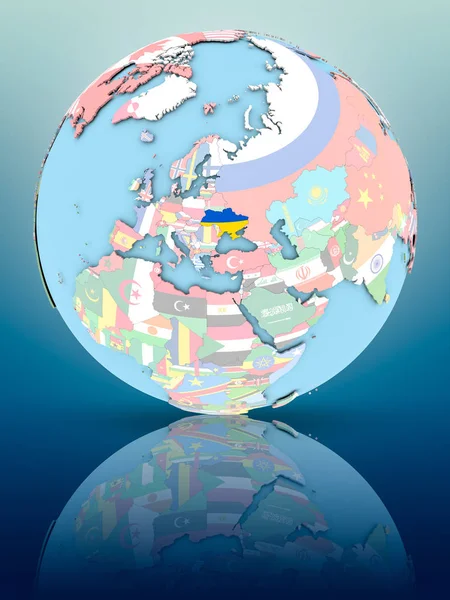 Ucrânia Globo Político Com Bandeiras Nacionais Superfície Reflexiva Ilustração — Fotografia de Stock