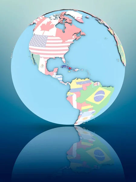 Cuba on political globe with national flags on reflective surface. 3D illustration.