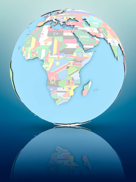 Rwanda on political globe with national flags on reflective surface. 3D illustration.