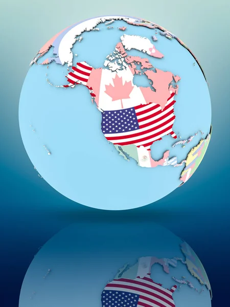 Usa Globus Polityczny Flagi Narodowe Powierzchni Odbijającej Ilustracja — Zdjęcie stockowe