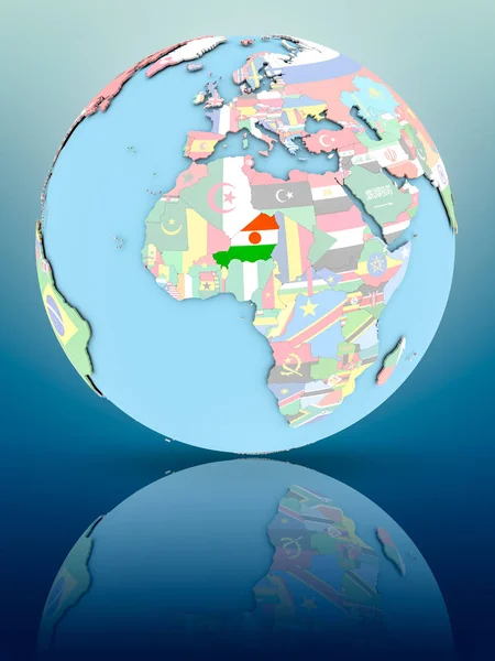Yansıtıcı yüzeyi ülke bayrakları ile Nijer siyasi dünya üzerinde. 3D çizim.