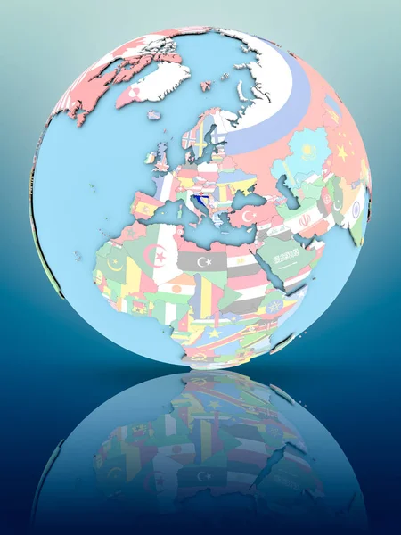 Yansıtıcı yüzeyi ülke bayrakları ile Hırvatistan siyasi dünya üzerinde. 3D çizim.