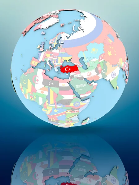 Турция Политическом Глобусе Национальными Флагами Отражающей Поверхности Иллюстрация — стоковое фото