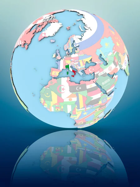 Yansıtıcı yüzeyi ülke bayrakları ile İtalya siyasi dünya üzerinde. 3D çizim.