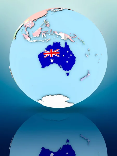 Australia on political globe with national flags on reflective surface. 3D illustration.