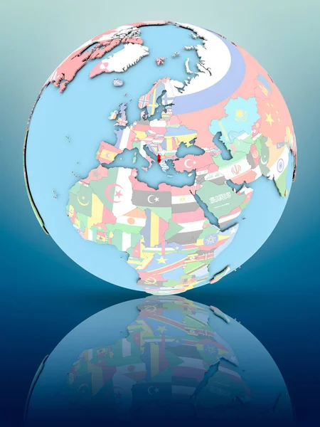 Yansıtıcı yüzeyi ülke bayrakları ile Arnavutluk siyasi dünya üzerinde. 3D çizim.