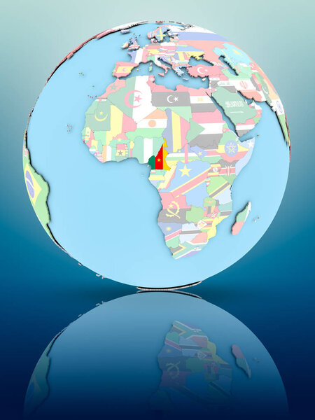 Cameroon on political globe with national flags on reflective surface. 3D illustration.