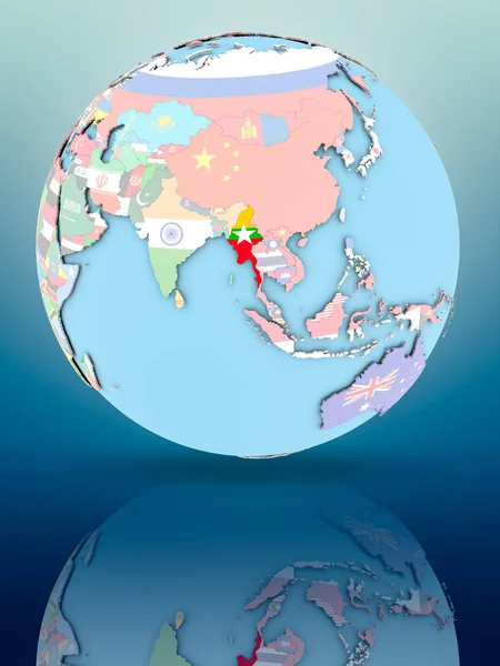 Yansıtıcı yüzeyi ülke bayrakları ile Myanmar siyasi dünya üzerinde. 3D çizim.